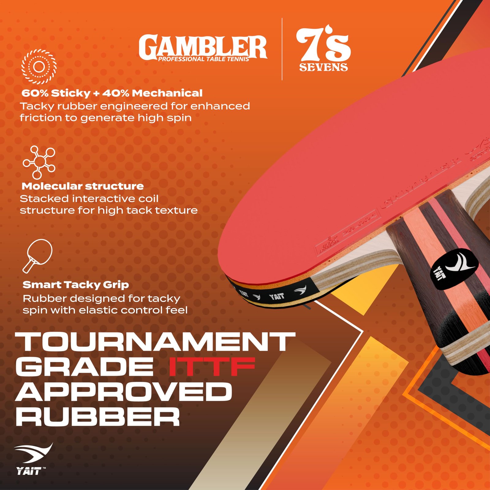 YAIT Rally Pro ITTF Approved Table Tennis Racquet | Gambler 7S Rubber | 7 Ply Blade | High Spin | 2.1mm Sponge | TT Paddle with Cover | Ping Pong Bat Racquet for Indoor/Outdoor| for Intermediate Level