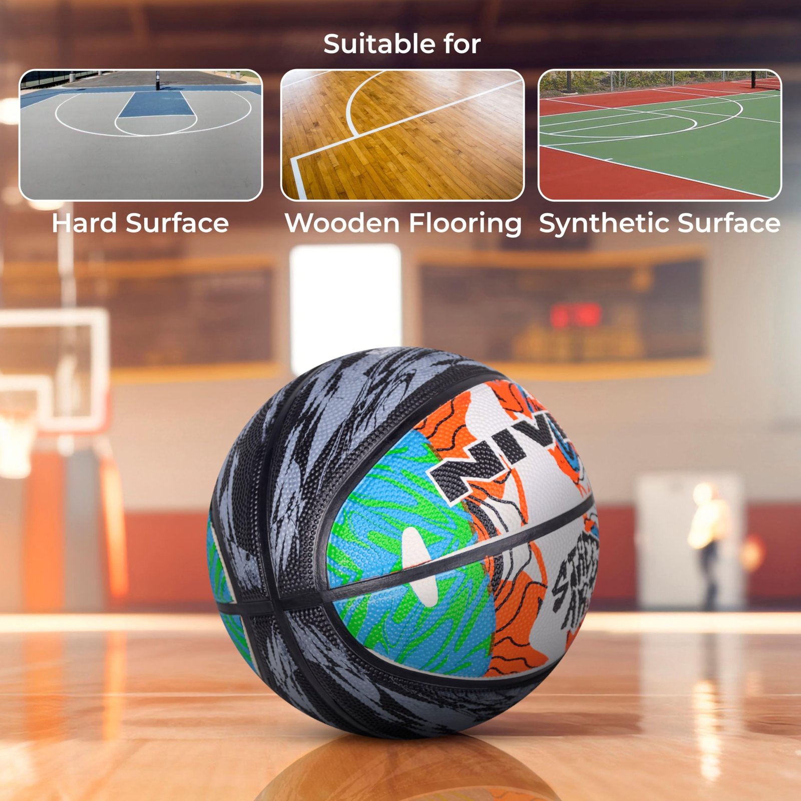 NIVIA Street Art Basketball, As per Basic Standard, 8 Panels, Molded Durable Rubber, Butyl Threadwounded Bladder, Made for Beginners, to Play on All Indoor & Outdoor Surfaces