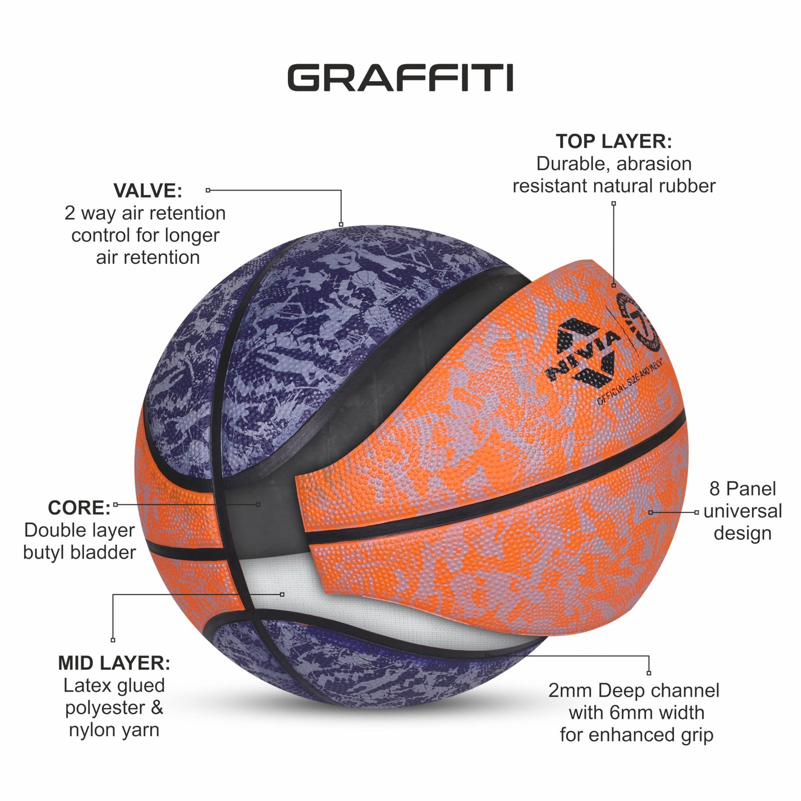 Nivia Graffiti Basketball, As per Basic Standard, 8 Panels, Molded Durable Rubber, Butyl Threadwounded Bladder, Made for Beginners, to Play on All Indoor & Outdoor Surfaces (Size - 7, Blue-Orange)