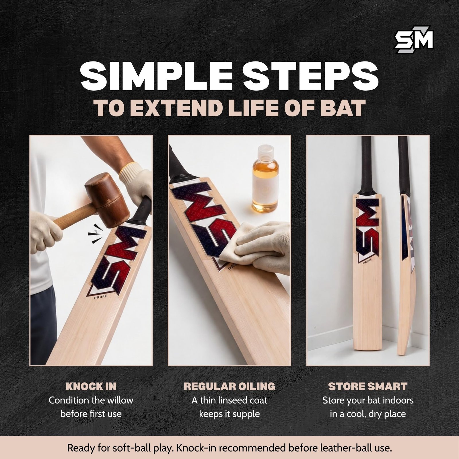SM Prime Kashmir Willow Cricket Bat | Premium Grade Willow | Wooden Cricket Bat | Massive Profile | Super Thick Edges | Rebound Technology | Advanced Club & Academy Cricket Bat | Size SH