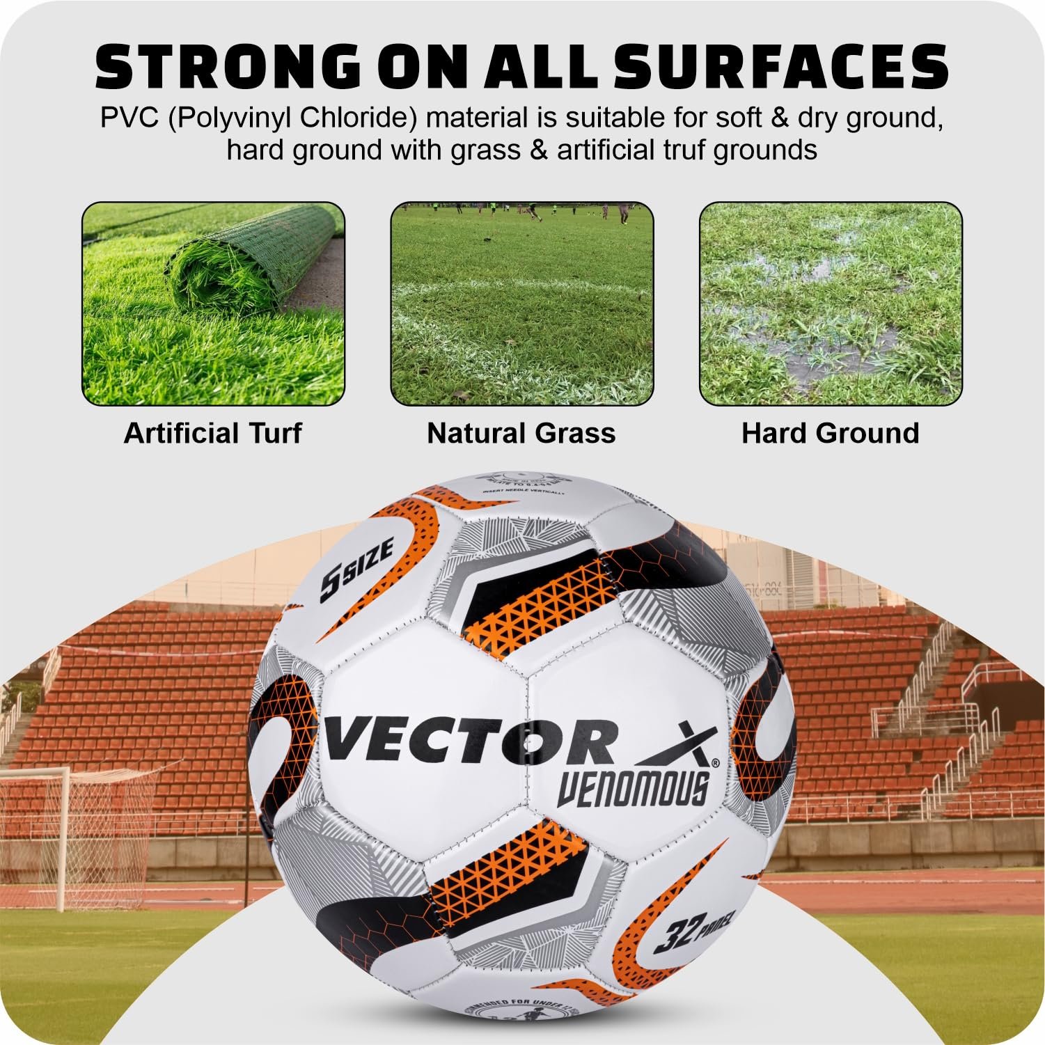 Vector X Venomous PVC Machine Stitched Indoor/Outdoor Water-Resistant Football + Pump with Butyl Bladder, White-Orange, Size 5, Suitable for Match and Training for Adults 15+ Years