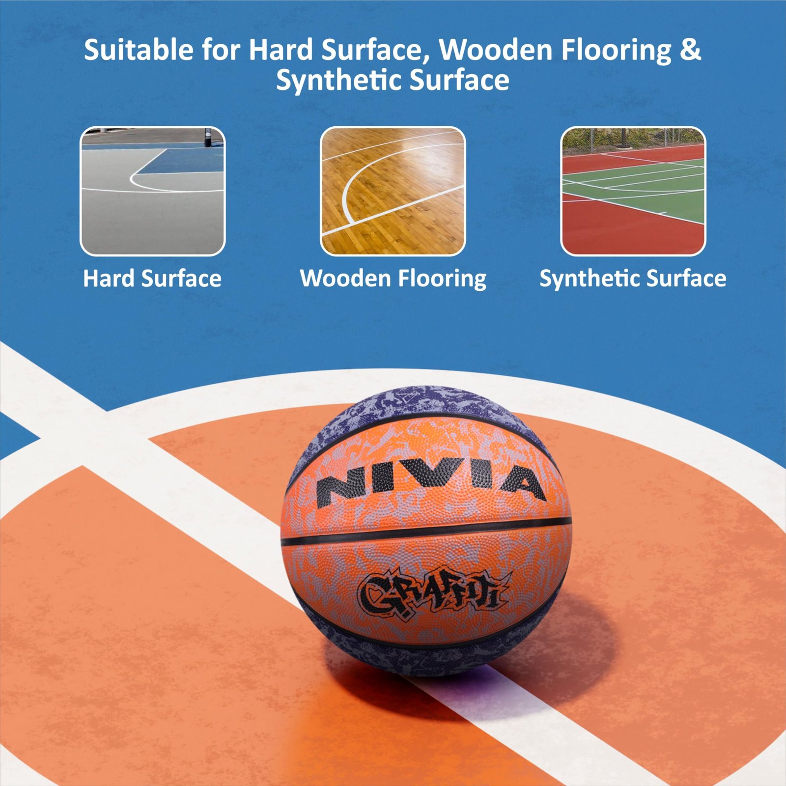 Nivia Graffiti Basketball, As per Basic Standard, 8 Panels, Molded Durable Rubber, Butyl Threadwounded Bladder, Made for Beginners, to Play on All Indoor & Outdoor Surfaces (Size - 7, Blue-Orange)