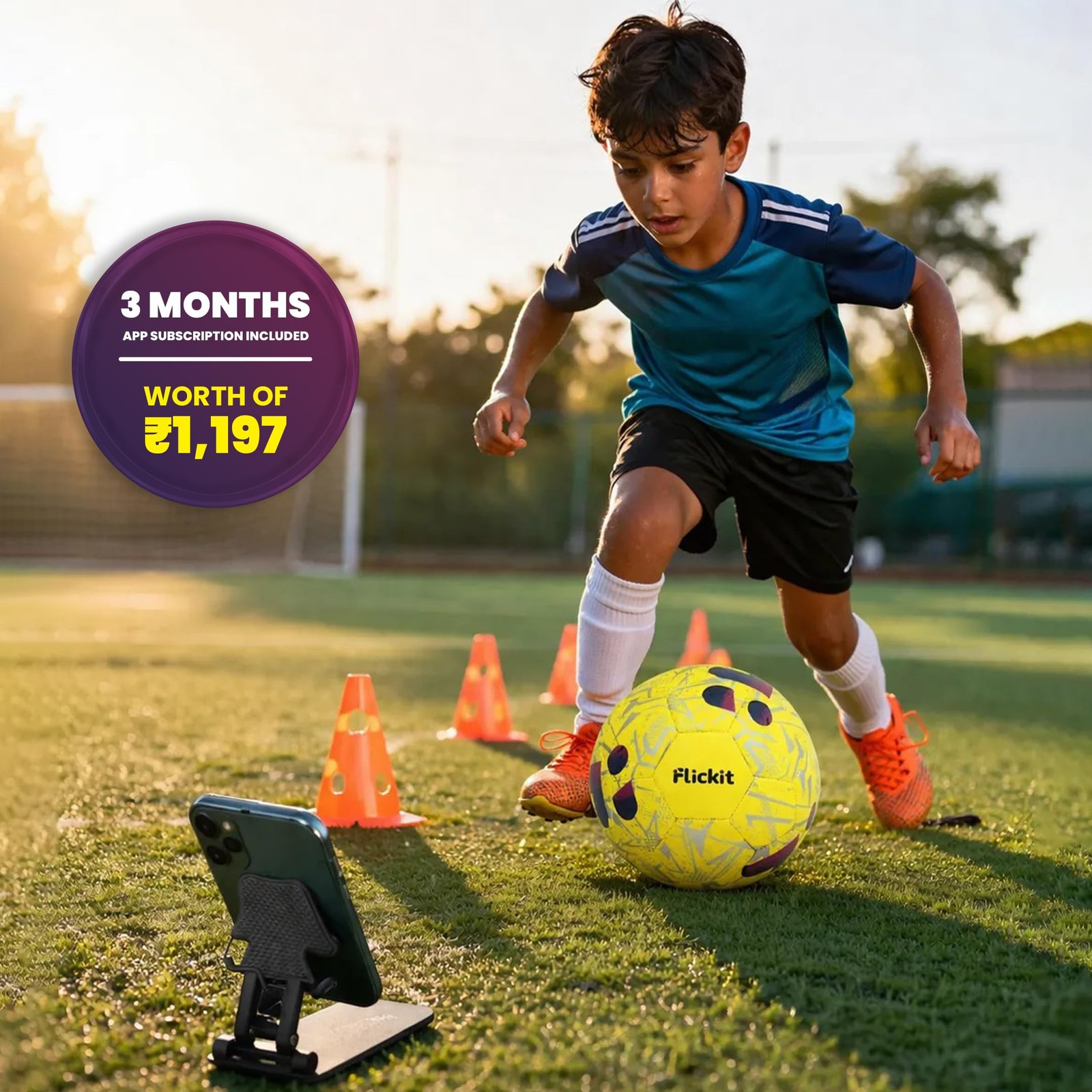 FLICKIT Football Size 3 with AI Training App Compatible | Premium PU 32 Panel Stitched Football | Match Ball for Kids (Ages 5+) Indoor Outdoor Grass & Turf Play | Yellow