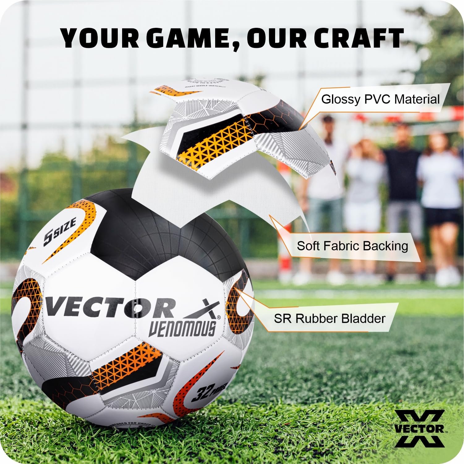 Vector X Venomous PVC Machine Stitched Indoor/Outdoor Water-Resistant Football + Pump with Butyl Bladder, White-Orange, Size 5, Suitable for Match and Training for Adults 15+ Years