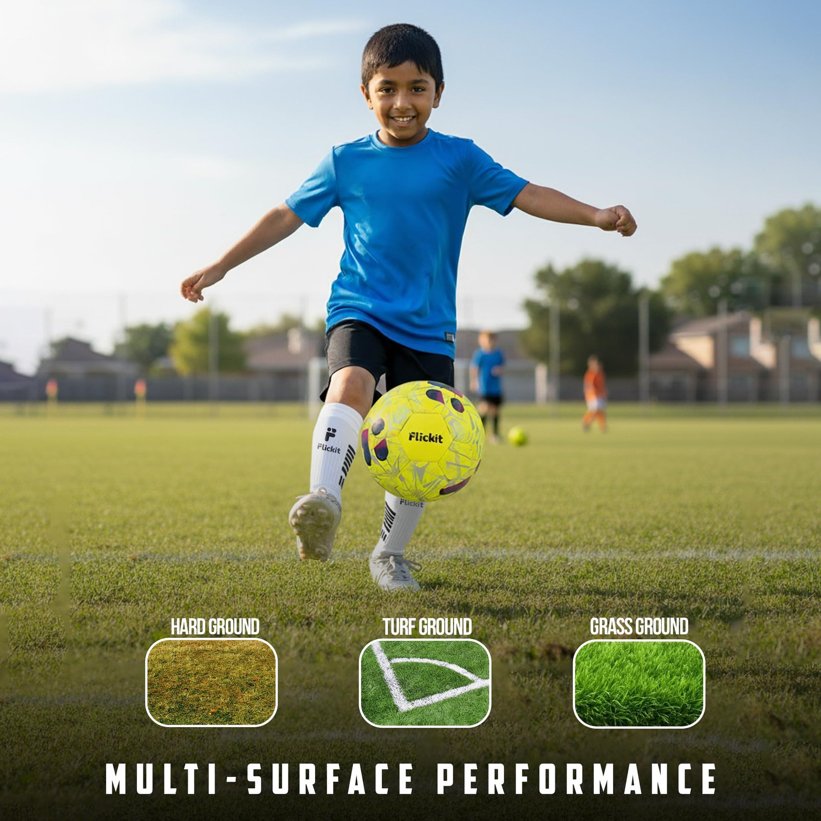 FLICKIT Football Size 3 with AI Training App Compatible | Premium PU 32 Panel Stitched Football | Match Ball for Kids (Ages 5+) Indoor Outdoor Grass & Turf Play | Yellow