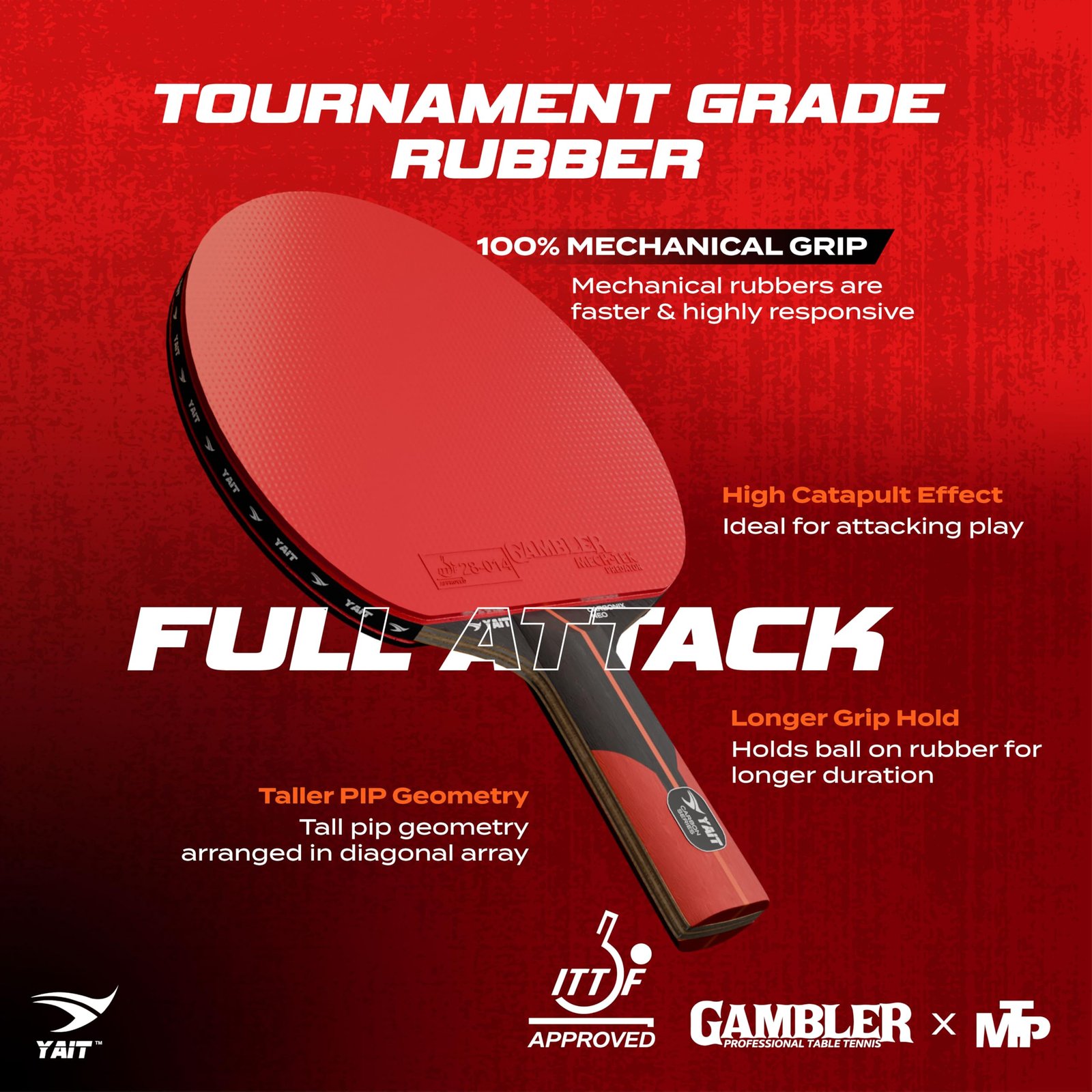 YAIT Carbonix Neo Professional Table Tennis Racquet | ITTF Approved Gambler MECH-TEK Rubber | 7 Layer Blade with 1K Real Carbon | Basswood & Kiri Wood | High Spin & Speed Fast Attack TT Racquet