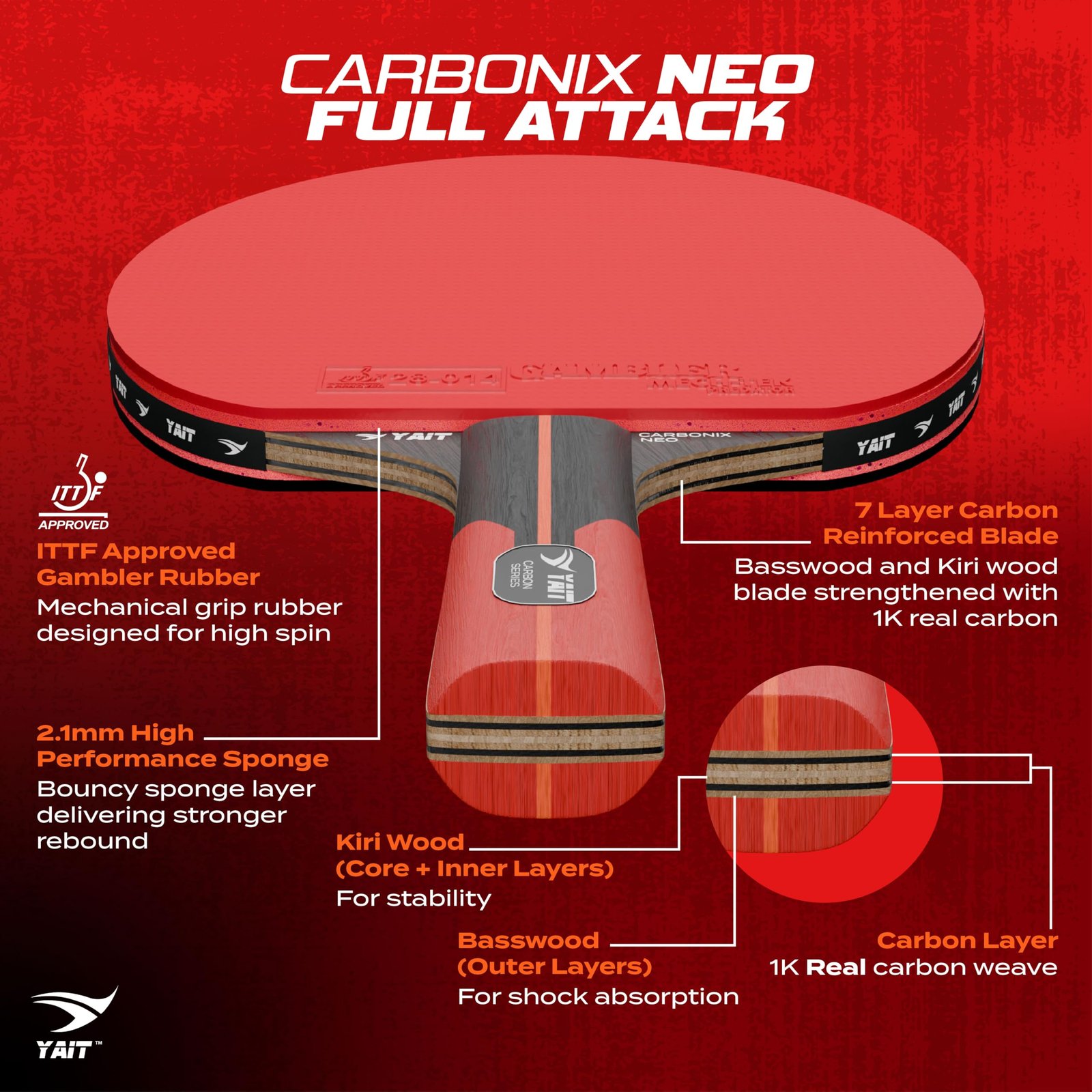 YAIT Carbonix Neo Professional Table Tennis Racquet | ITTF Approved Gambler MECH-TEK Rubber | 7 Layer Blade with 1K Real Carbon | Basswood & Kiri Wood | High Spin & Speed Fast Attack TT Racquet