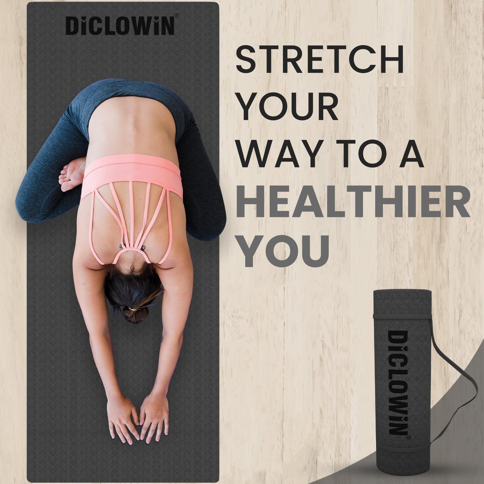 DiCLOWiN Yoga Mat | 6mm, Anti Slip, Extra Grip | Storage Strap Included | Exercise, Stretch, Rest & Yoga for Men, Women, Children, Elderly (Black)