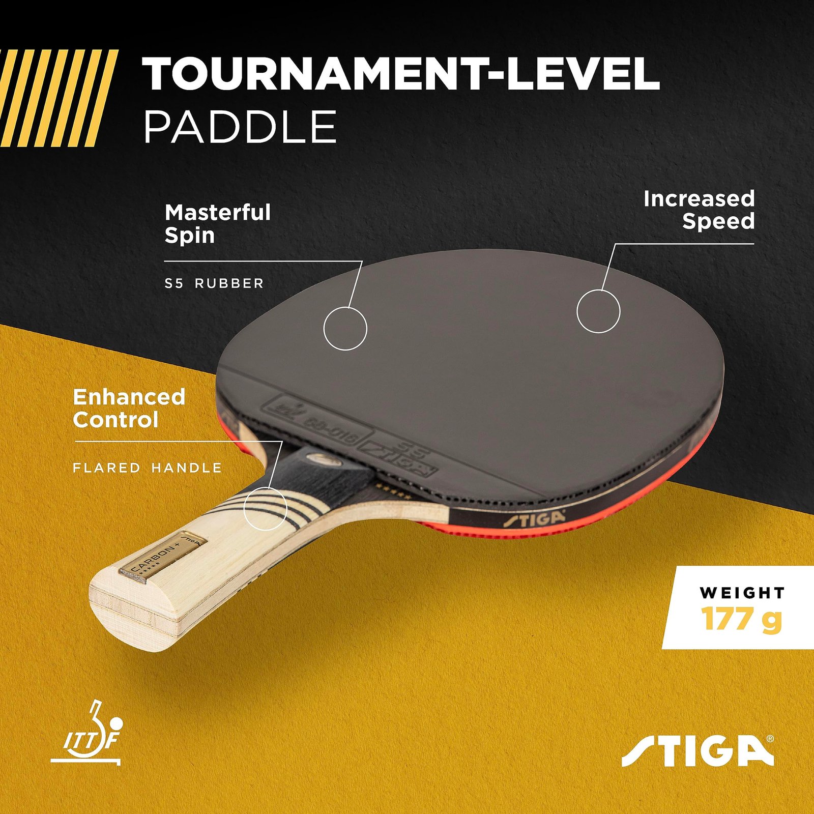 STIGA Carbon+ Ping Pong Paddle – 7-ply Extra Light Carbon Fiber Blade – 2mm Premium Sponge – Concave Pro Handle for Exceptional Grip – Performance Table Tennis Racket for Tournament-Level Play