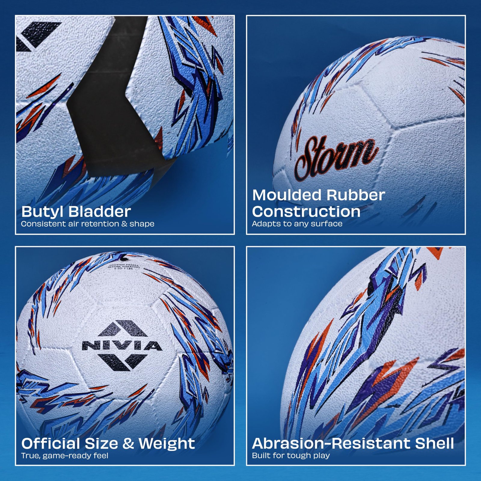 Nivia Storm 2.0 Football | Rubberized Moulded | Suitable for Hard Ground Without Grass, Wet & Grassy Ground & Artificial Turf | Training Ball | for Men/Women | Football Size - 5 (White/Blue)