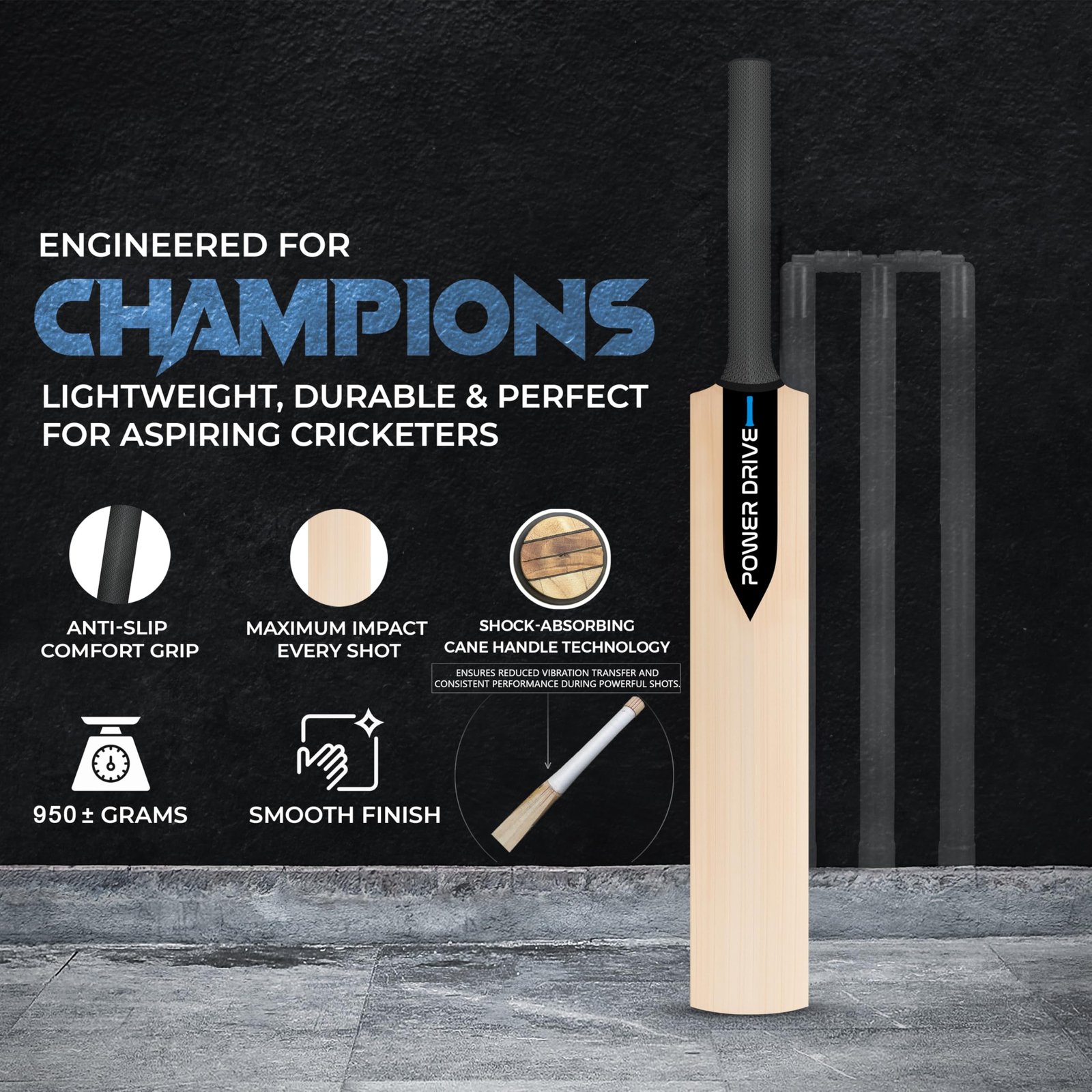 Jaspo Slog Power Drive Tennis-Wind Ball Cricket Bat Full Size, Poplar Willow Blade, Handle-Lightweight 1000-1050g, Shock-Absorbable Design | Toe Guard | Ideal for Indoor/Outdoor, Gully & Box Cricket