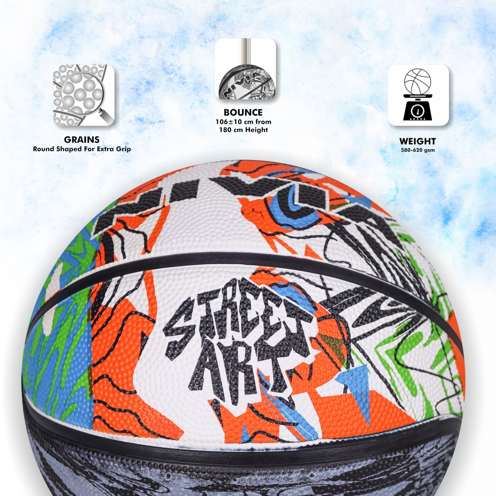 NIVIA Street Art Basketball, As per Basic Standard, 8 Panels, Molded Durable Rubber, Butyl Threadwounded Bladder, Made for Beginners, to Play on All Indoor & Outdoor Surfaces