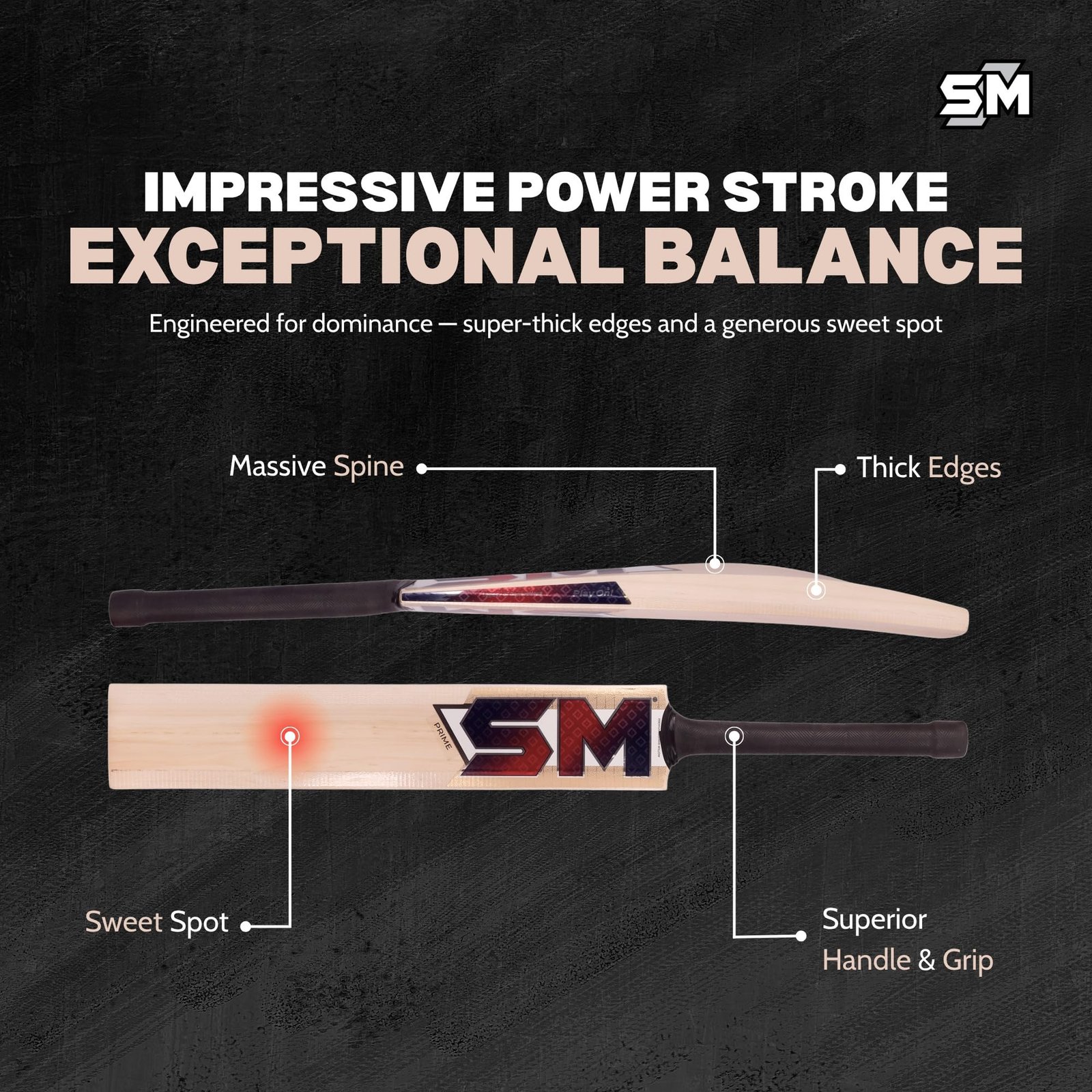 SM Prime Kashmir Willow Cricket Bat | Premium Grade Willow | Wooden Cricket Bat | Massive Profile | Super Thick Edges | Rebound Technology | Advanced Club & Academy Cricket Bat | Size SH