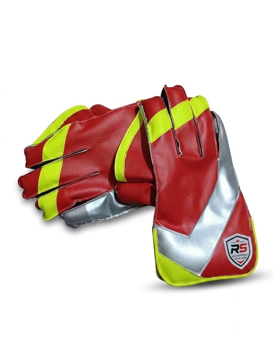 Premium Cricket Wicket Keeping Gloves Red, Green & Silver