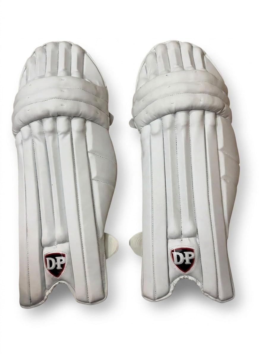 Batting Premium Batting Gloves with Protective Cover for Men | L, Golden and Lightweight Protective Thigh Guard for Batsmen WithCricket Batting Leg Pads, White/Red | Pair of 2 Pads