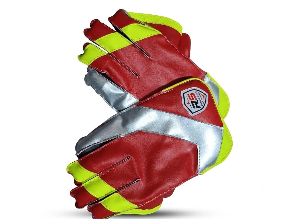 Premium Cricket Wicket Keeping Gloves Red, Green & Silver