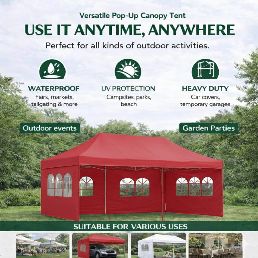 PERGOLA Design Gazebo Outdoor Canopy Tent (10 x 20 feet) with 3 Side Window European Covers - Waterproof Gazebo Tent | Portable Tent | Canopy 2 mins Installation (Red)
