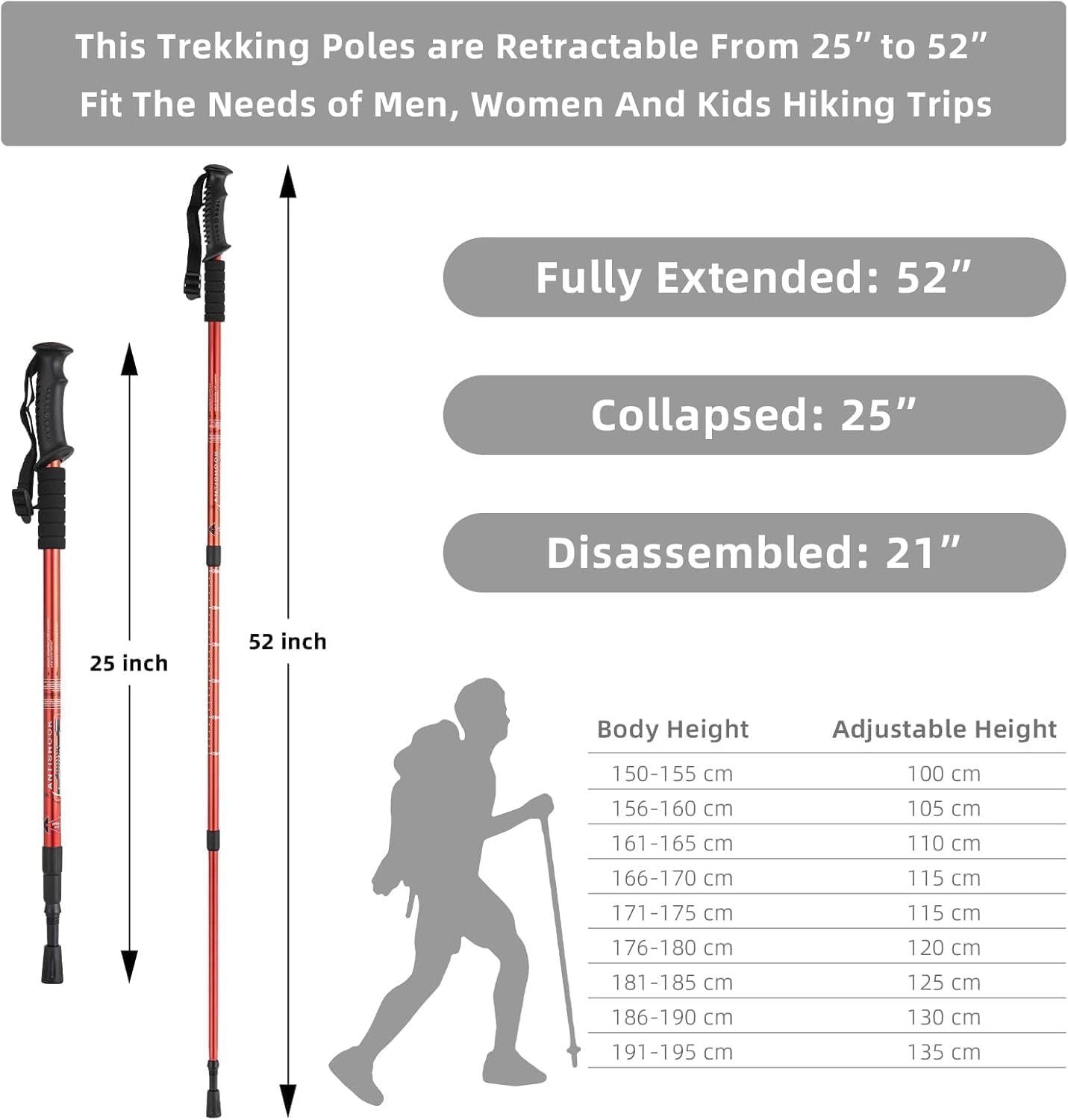 Hiking Trekking Poles, Collapsible, Lightweight, Anti Shock, Hiking or Walking Sticks, Adjustable Hiking Pole for Men and Women, All Terrain Accessories and Carry Bag (Red, 1)