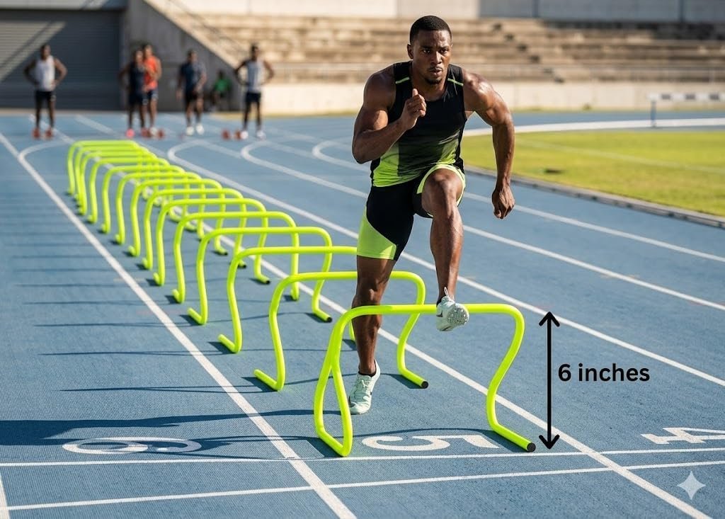 MRT Sports Fitness Combo - 6 INCH 6 Pieces Speed Hurdle, 6 Pieces Stacking Cones, 10 Pc Multicolour Space Markers and 1 Pc Agility Ladder th 10 Rungs Multicolour Hurdles 6 inch Pack of 6
