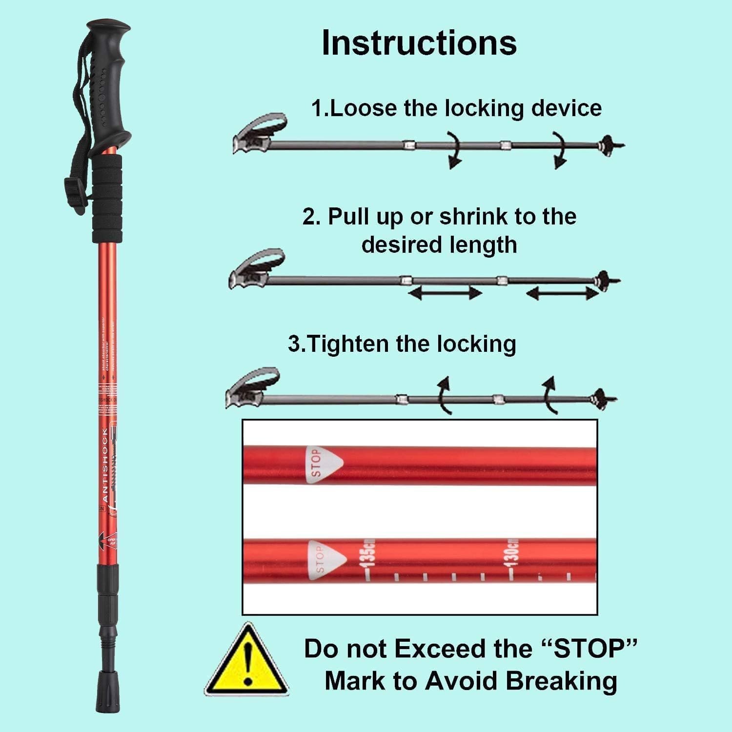 Hiking Trekking Poles, Collapsible, Lightweight, Anti Shock, Hiking or Walking Sticks, Adjustable Hiking Pole for Men and Women, All Terrain Accessories and Carry Bag (Red, 1)
