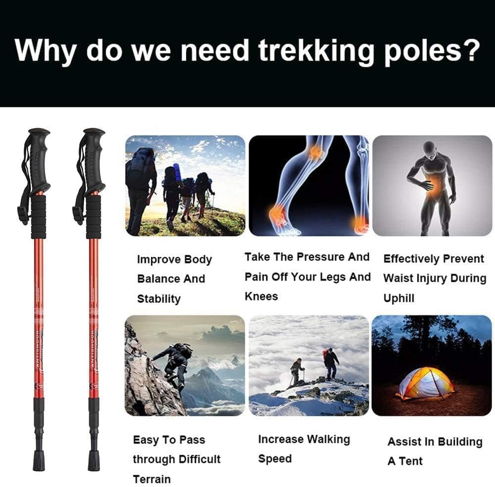 Hiking Trekking Poles, Collapsible, Lightweight, Anti Shock, Hiking or Walking Sticks, Adjustable Hiking Pole for Men and Women, All Terrain Accessories and Carry Bag (Red, 1)
