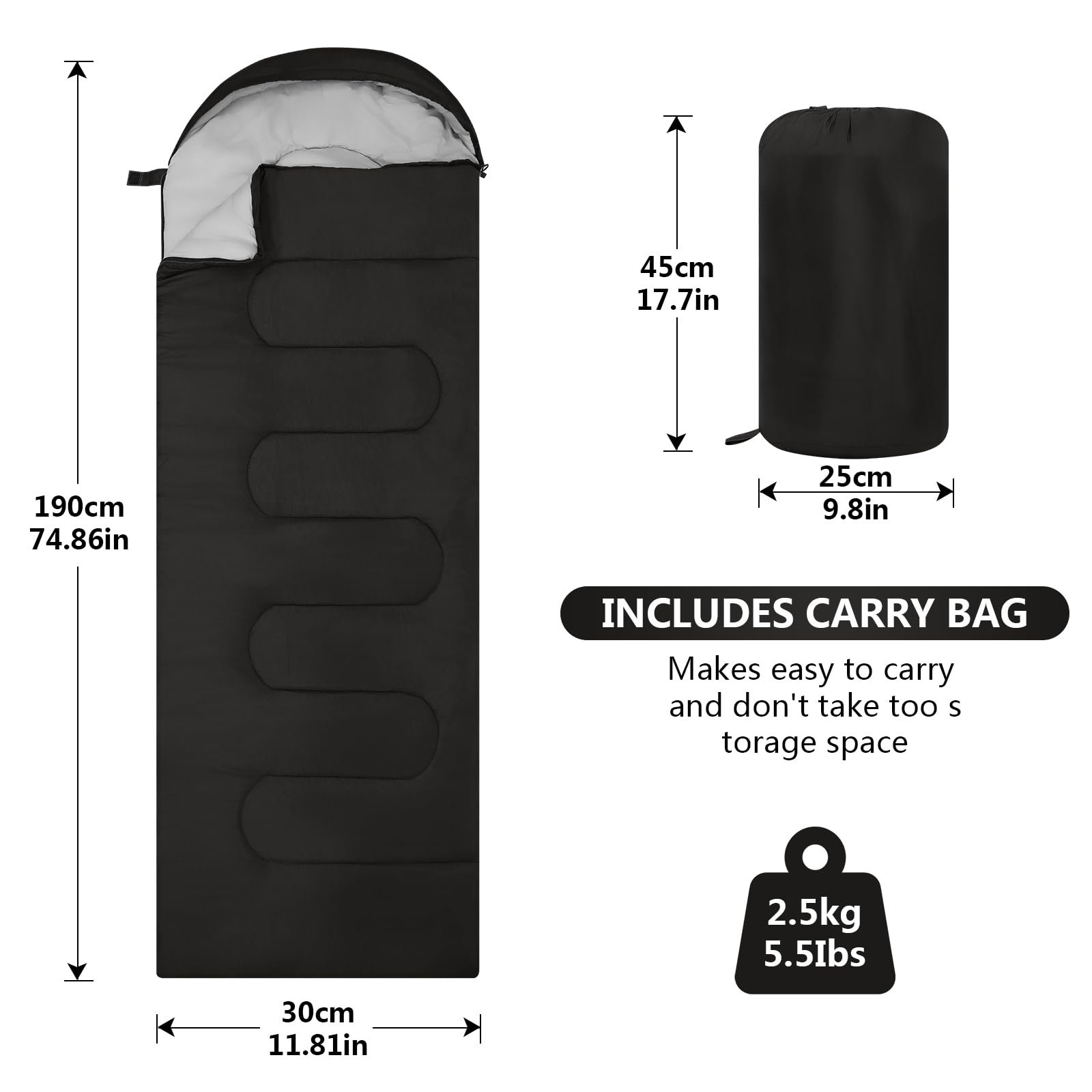Sleeping Bags, Lightweight Camping Sleeping Bag for Adults, Kids, Hiking, Outdoor, Travel, Cold Weather & Warm Black