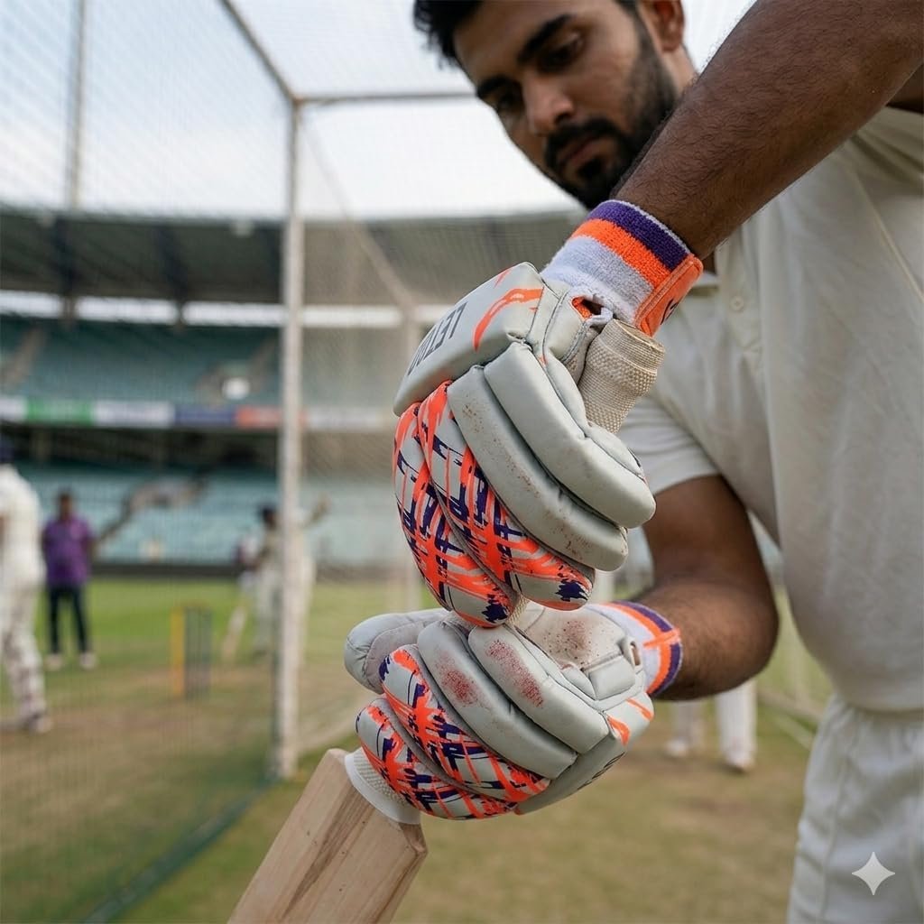 Cricket Batting Gloves, White with Orange and White Design, Padded Finger Protection Leather Material