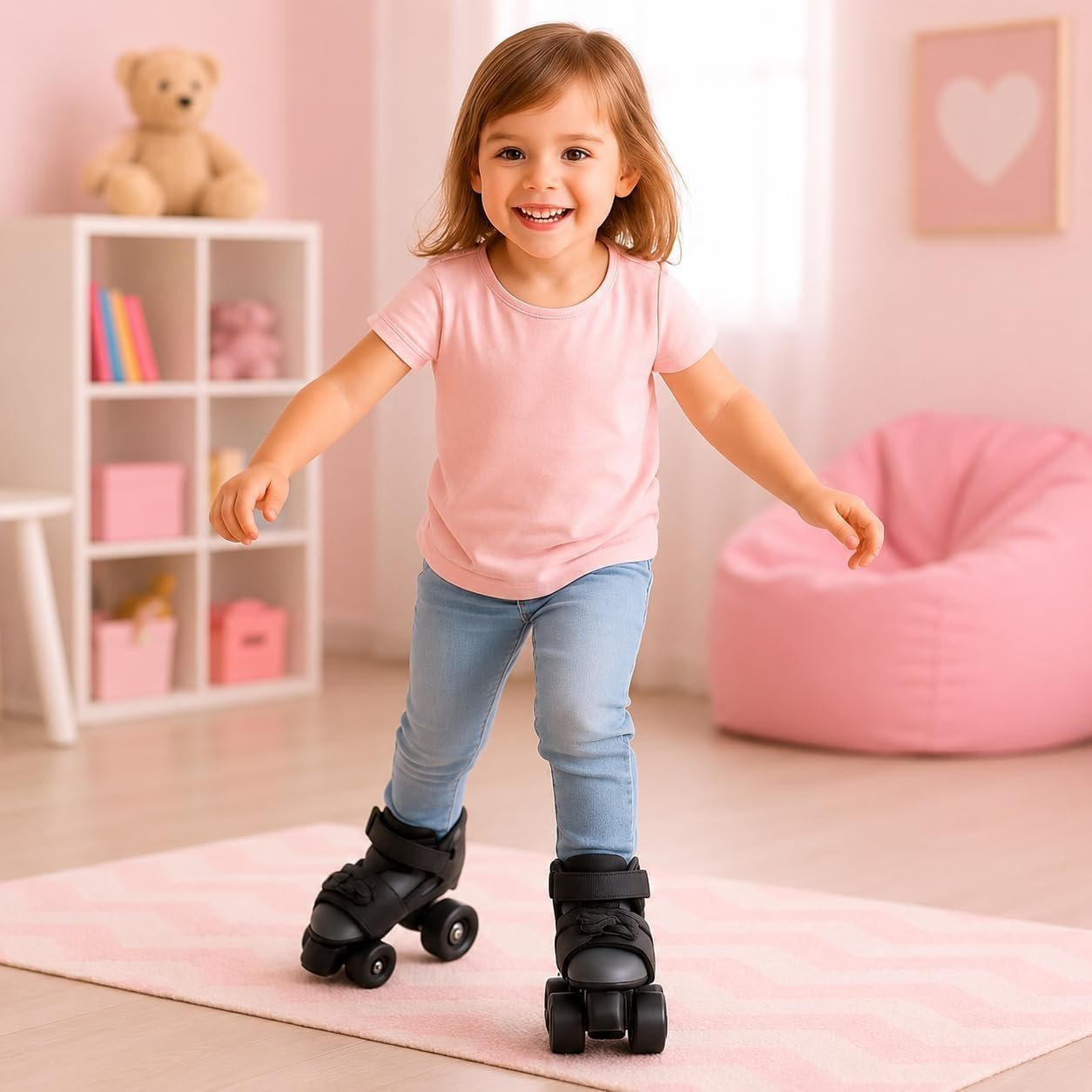 Latest Designed Unisex Roller Skates for Kids Age Group 5-15 Years Adjustable 4 Wheels Inline Skating Shoes - Minimum Size 17 cm and Maximum Size 23 cm (Black)
