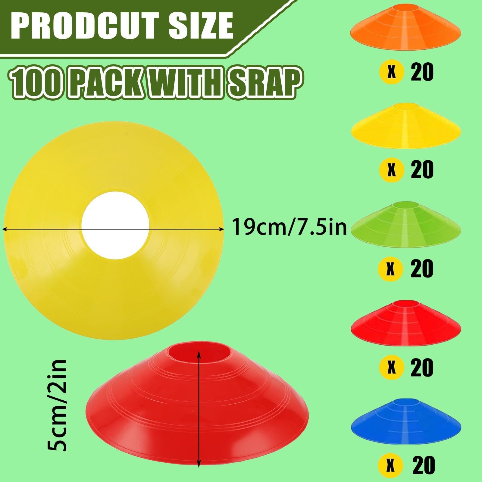 100PCS Football Cones, 5 Color Cones for Football Training, Football Training Cones with Strap Training Cones Set for Football Basketball & Agility Training