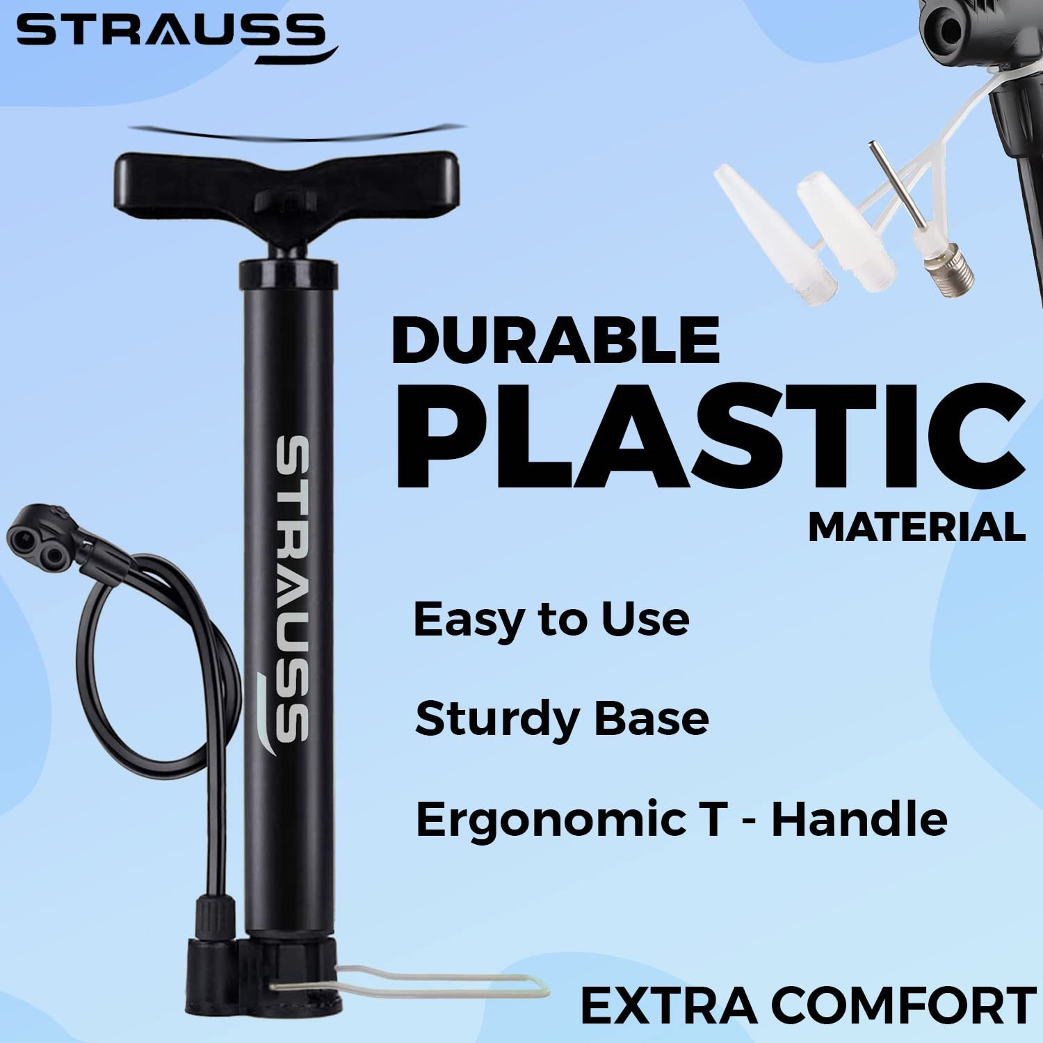 Bicycle Air Pump with Needle & Dual Valve | 30 CM Long | Portable Pump with 2 Modes, Ideal for Inflating Bicycle, Swimming Rings | Sturdy Base & Ergonomic Handle, (Black)