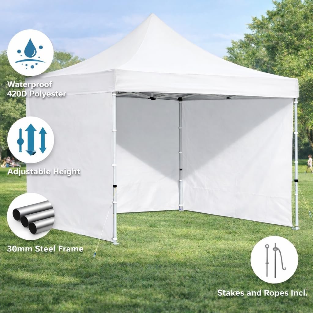 10 x 10 FT Pop Up Gazebo Canopy Tent with 3 Side Walls and Curtains, Heavy Duty Waterproof Outdoor Canopy, Height Adjustable Sun Shade for Garden, Terrace, Camping & Events, White (30 kg)