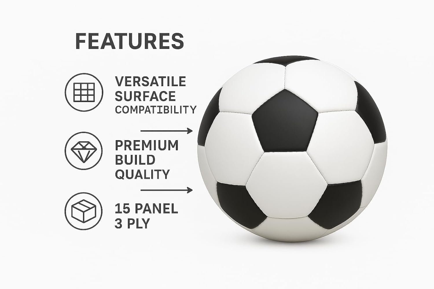 Black & White Football Size 5 with Air Pump & Needle | Waterproof Soccer Ball for Training, Match & Outdoor Play (Pack of 1)
