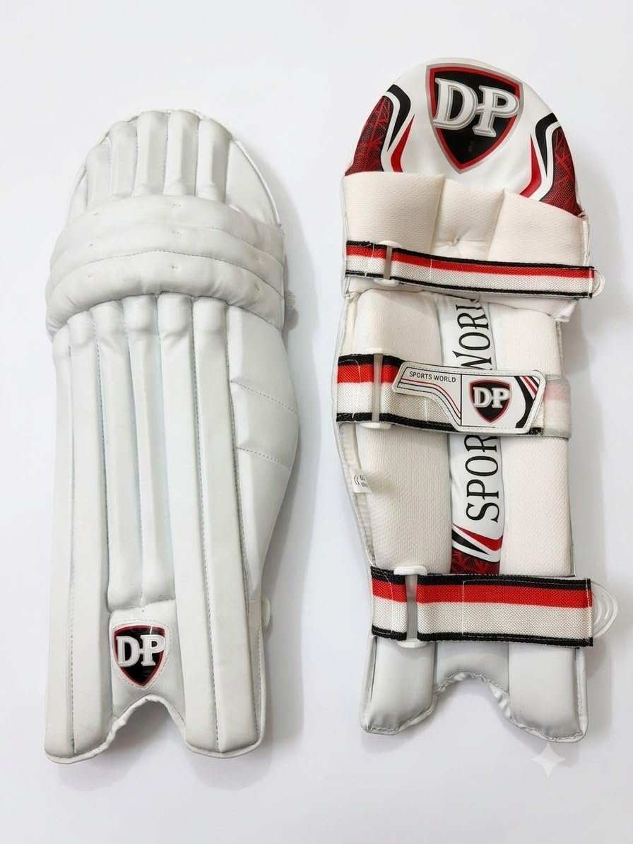Batting Premium Batting Gloves with Protective Cover for Men | L, Golden and Lightweight Protective Thigh Guard for Batsmen WithCricket Batting Leg Pads, White/Red | Pair of 2 Pads