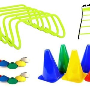 Arenterprises Combo of Agility Ladder 4 m with 10 Rungs; 6 Marker Cones (6-inch), Multicolour Saucer Cones Set of 10 and Agility Hurdles 6 inch 6 pcs