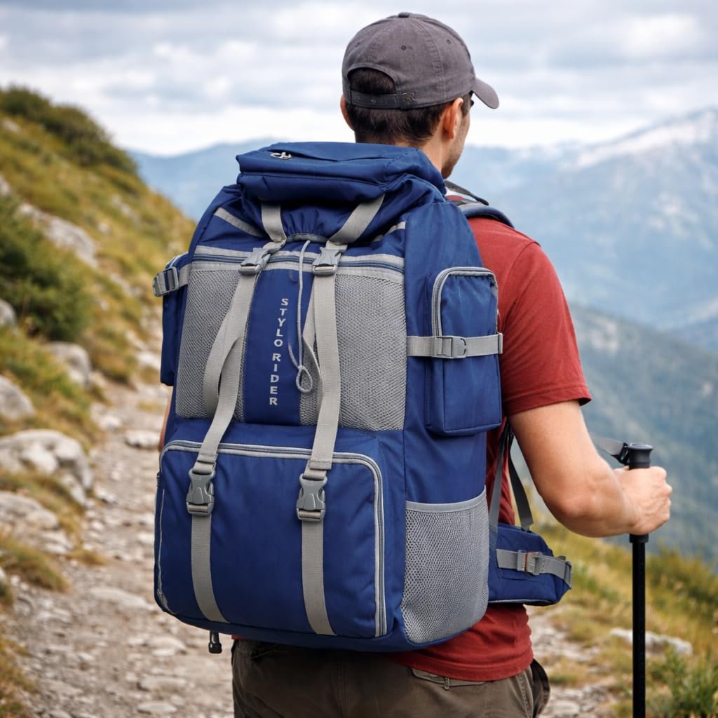 Stylo Rider 45L Trekking Rucksack | Waterproof Hiking Backpack with Shoe Compartment, Roll Top & Multiple Pockets | Camping, Travel, Outdoor Adventure Bag for Men & Women (Navy Blue)