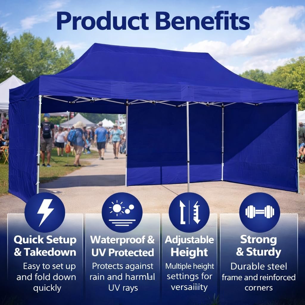 10 x 20 FT Pop Up Gazebo Canopy Tent with 3 Side Walls and Curtains, Heavy Duty Waterproof Outdoor Canopy, Height Adjustable Sun Shade for Garden, Terrace, Camping & Events, Blue (50 kg)