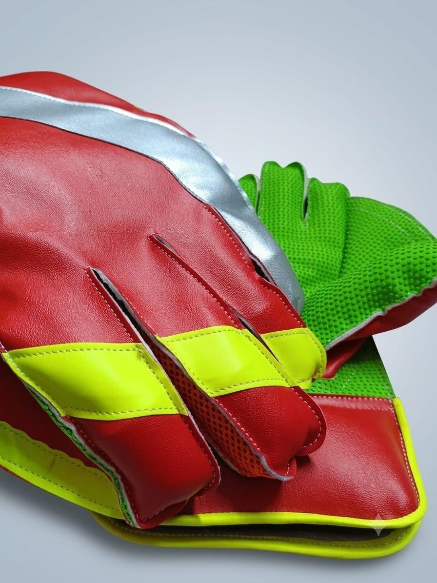 Premium Cricket Wicket Keeping Gloves Red, Green & Silver