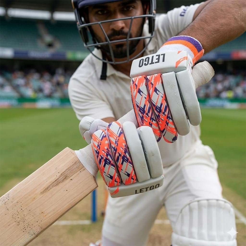 Cricket Batting Gloves, White with Orange and White Design, Padded Finger Protection Leather Material