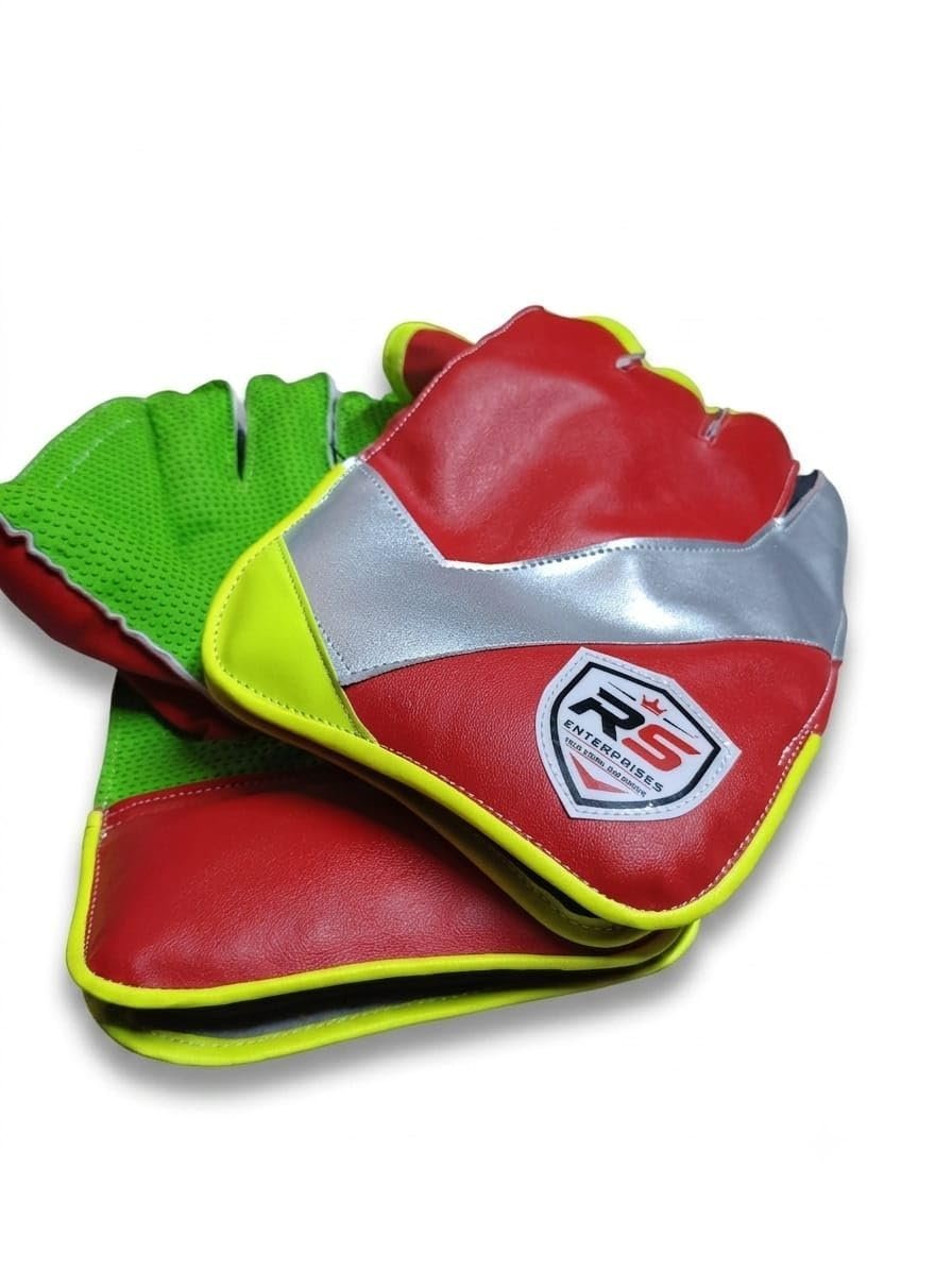 Premium Cricket Wicket Keeping Gloves Red, Green & Silver
