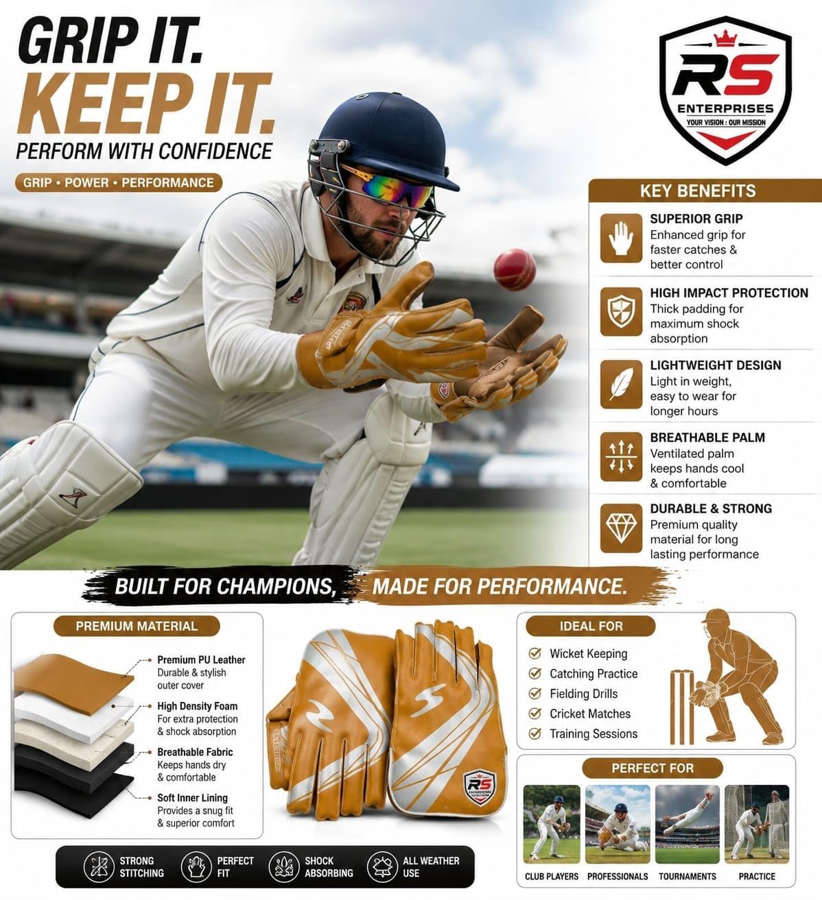 Professional Cricket Wicket Keeping Gloves for Adults Brown & White