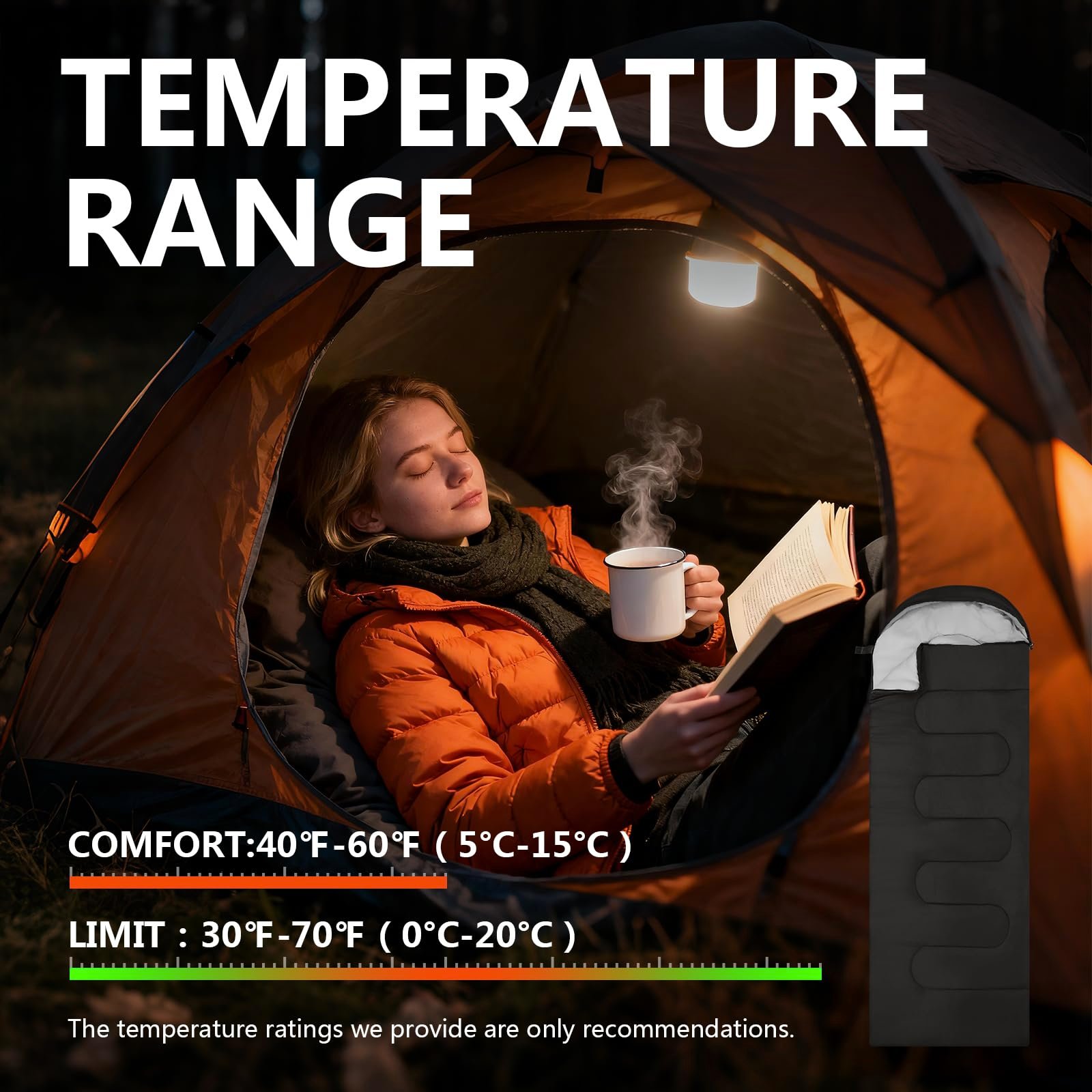 Sleeping Bags, Lightweight Camping Sleeping Bag for Adults, Kids, Hiking, Outdoor, Travel, Cold Weather & Warm Black