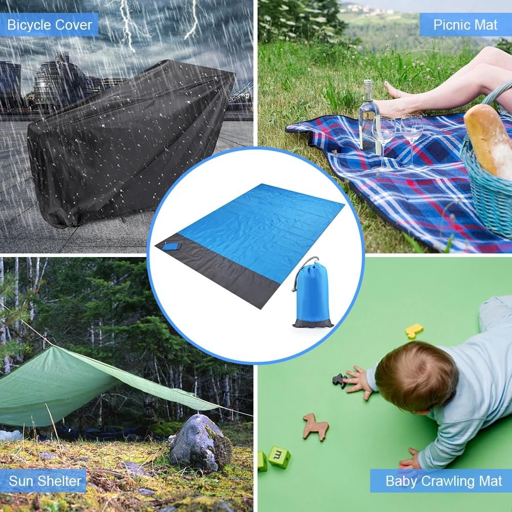 Polyester Picnic Mats Foldable Waterproof Outdoor Travel Camping Beach Mat Sand Proof Blankets with Portable Bag and 4 Fixed Nails for Family of 5 to 6 Persons (Multi Color)