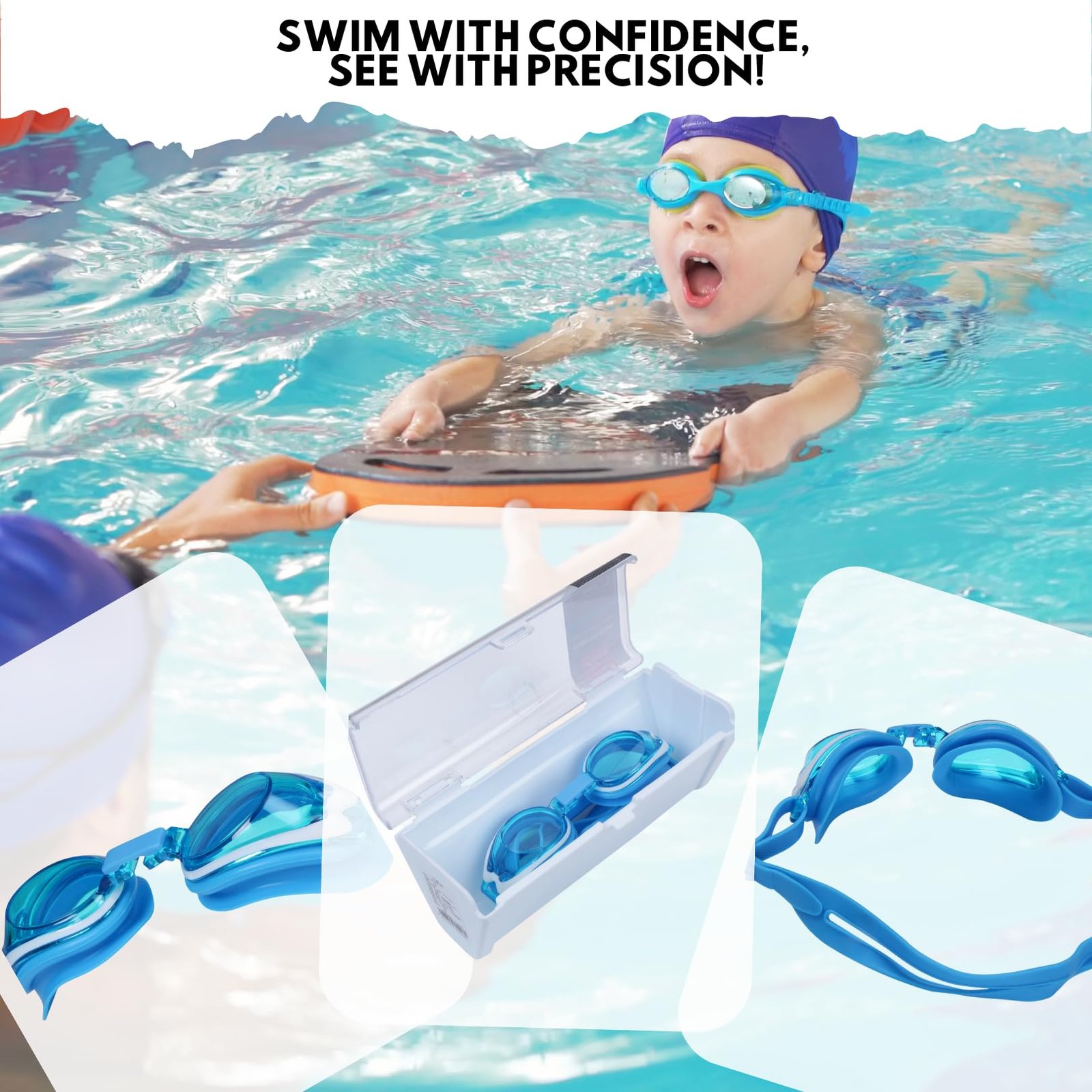 VisionPro Powered Kids Swimming Goggles with Prescription Lenses Anti-Fog & UV Protection Comfortable Fit Includes Hard Case Nose Clip & Ear Plugs (Blue, -2.00)