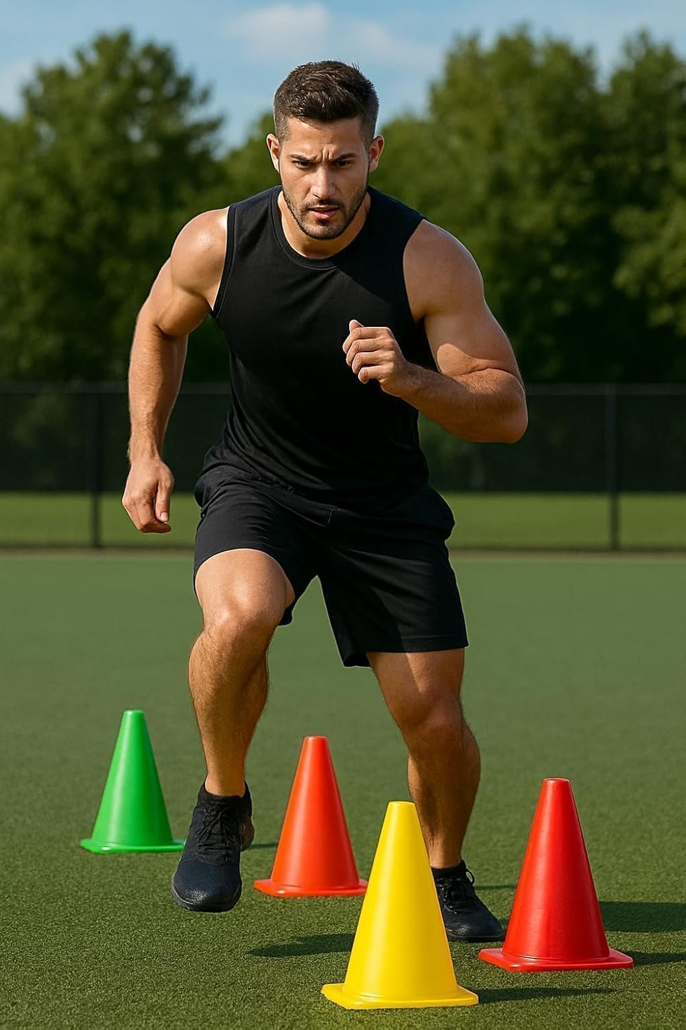 MRT Sports Fitness Combo - 6 INCH 6 Pieces Speed Hurdle, 6 Pieces Stacking Cones, 10 Pc Multicolour Space Markers and 1 Pc Agility Ladder th 10 Rungs Multicolour Hurdles 6 inch Pack of 6