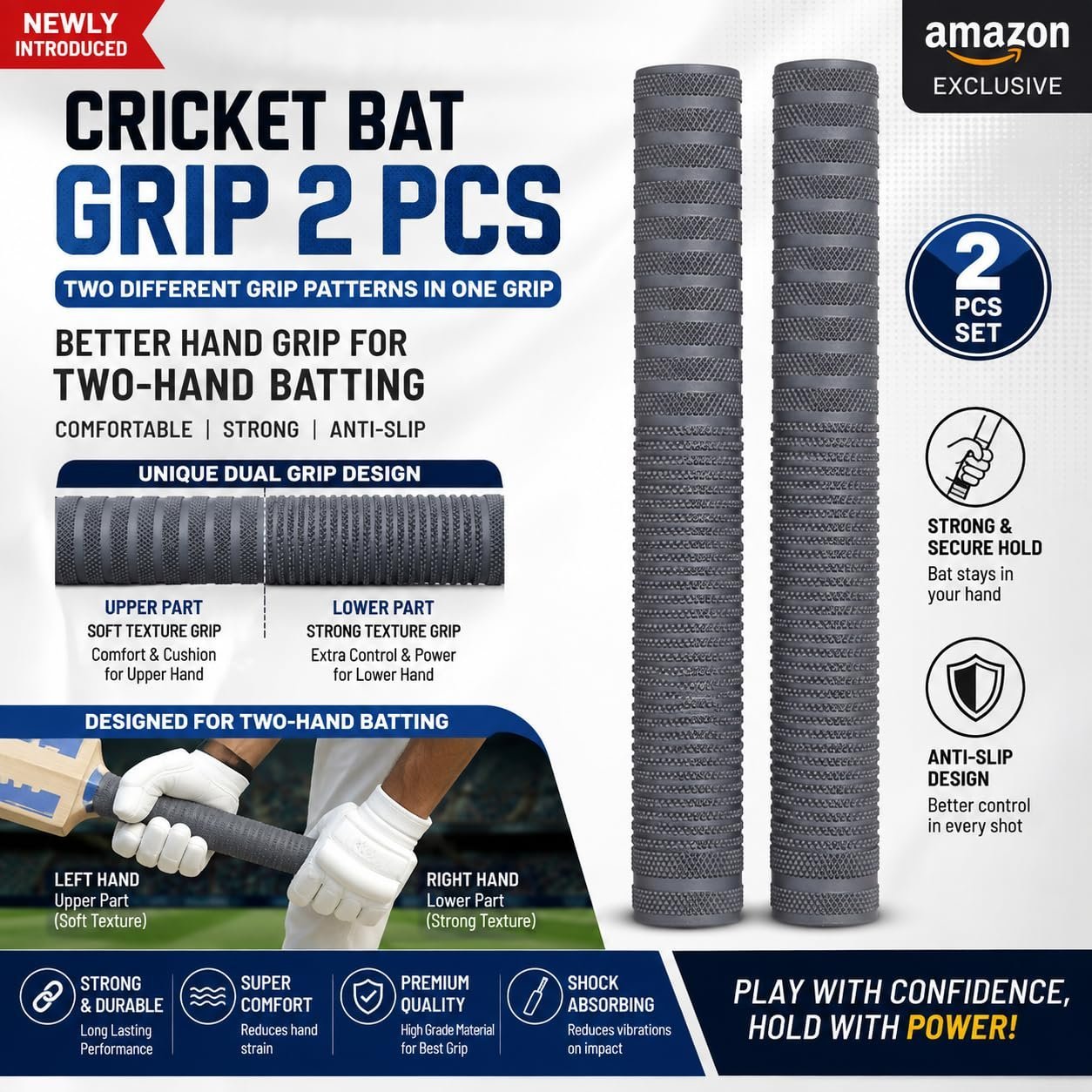 Cricket Bat Grip 2 Pcs | Two Different Grip Patterns in One Grip | Better Hand Grip for Two-Hand Batting | Comfortable & Secure Bat Hold | Newly Introduced Batting Grip