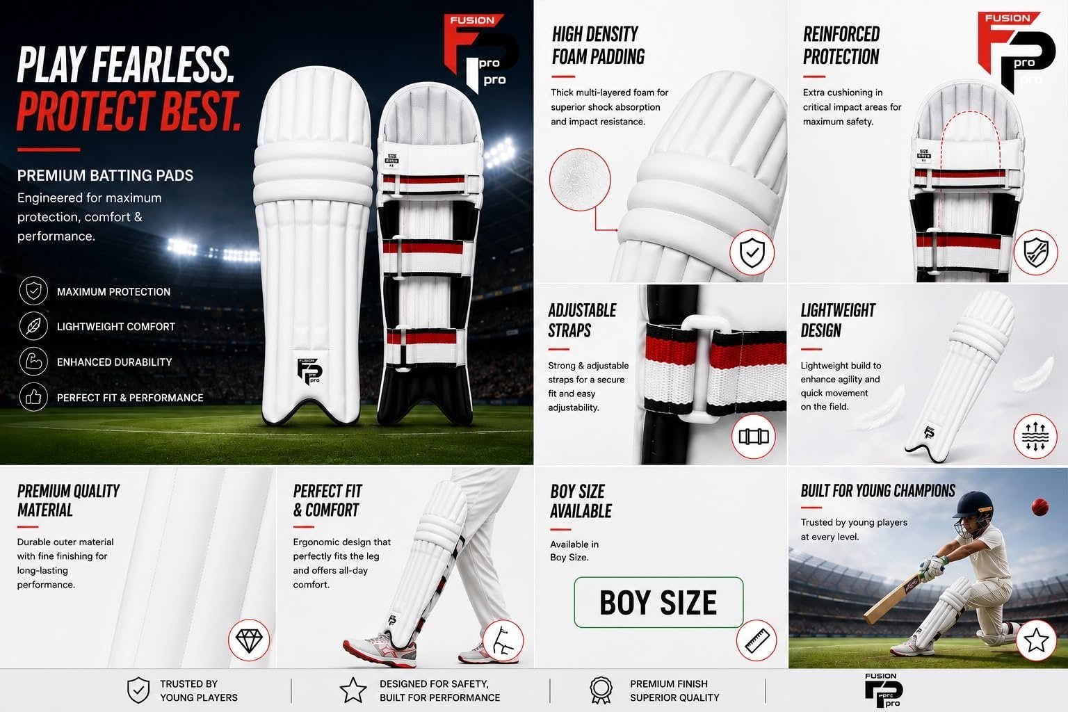 Boy Cricket Batting Legguard Pads for Boys Advanced Shock Absorption, High-Density Foam Padding, Adjustable Straps, (21 INCH)