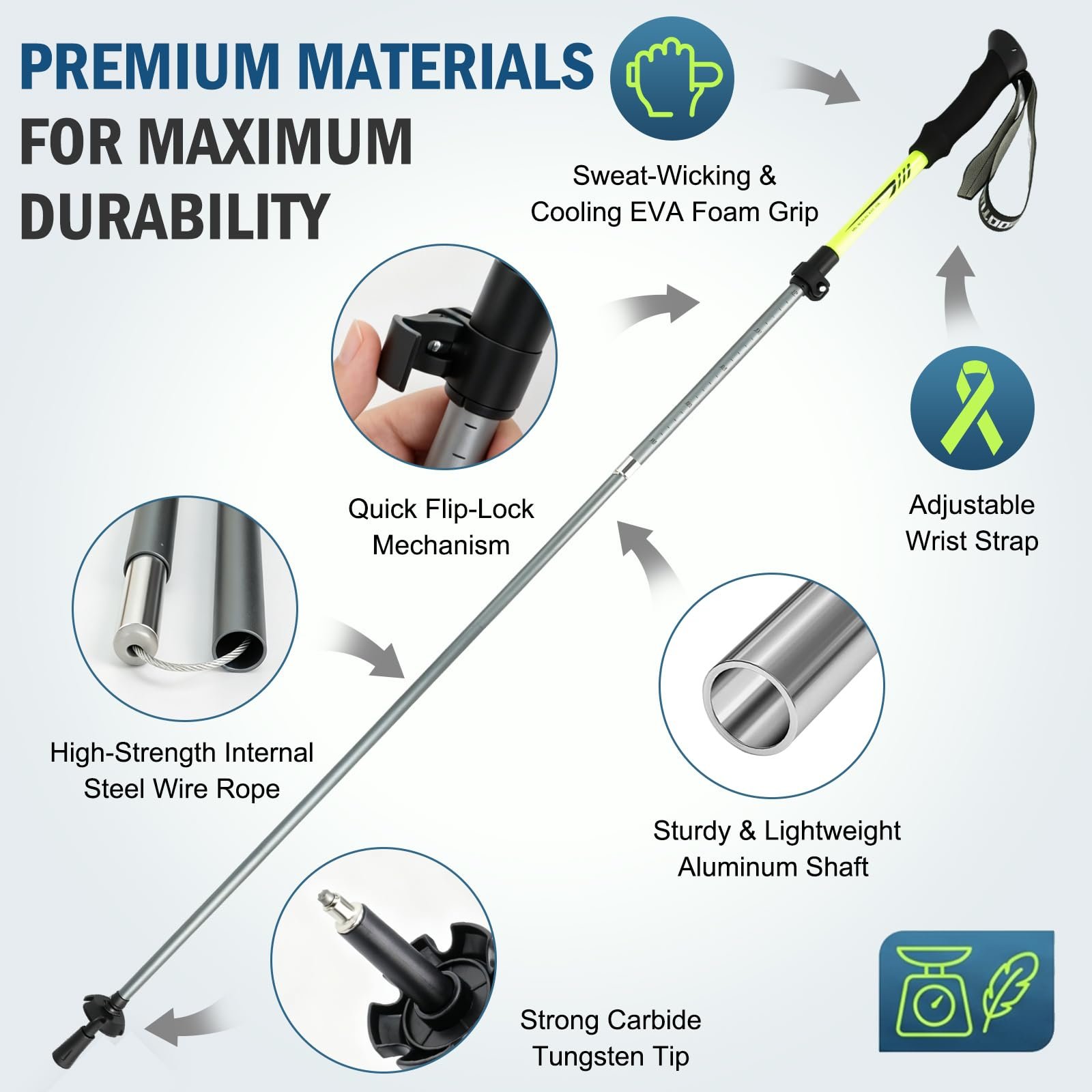 Collapsible Trekking Poles for Hiking, Lightweight Folding Hiking Poles with Flip Lock System, Adjustable Height, Compact Aircraft-Grade Aluminum Nordic Walking Sticks for Men & Women