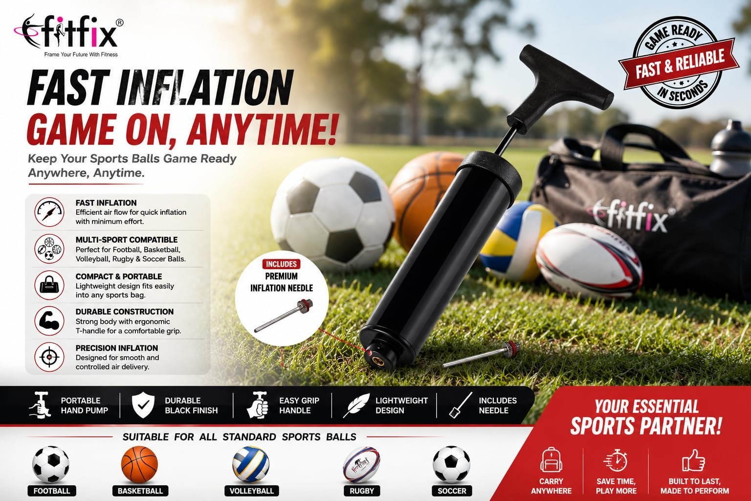 ® Sports Ball Pump with Needle | Portable Air Pump for Football | Basketball | Volleyball | Rugby & Soccer Balls | Fast Inflation Hand Pump | Durable Compact Inflator | Black