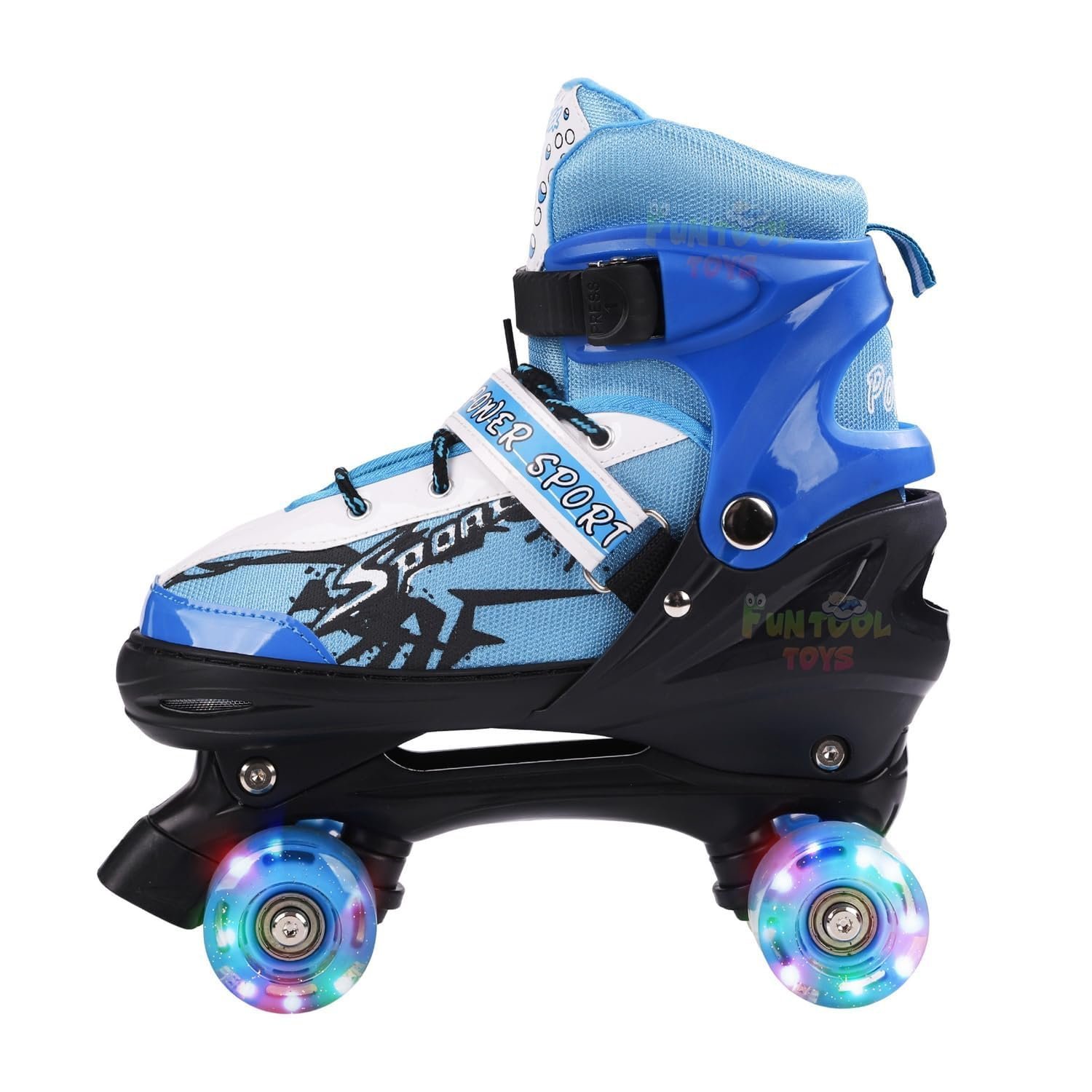 Power Sport Adjustable Quad Roller Skates for Kids – 4-Wheel Light-Up Skates with Safety Straps & Breathable Design – Fun Outdoor Skating Shoes for Boys & Girls (Blue)