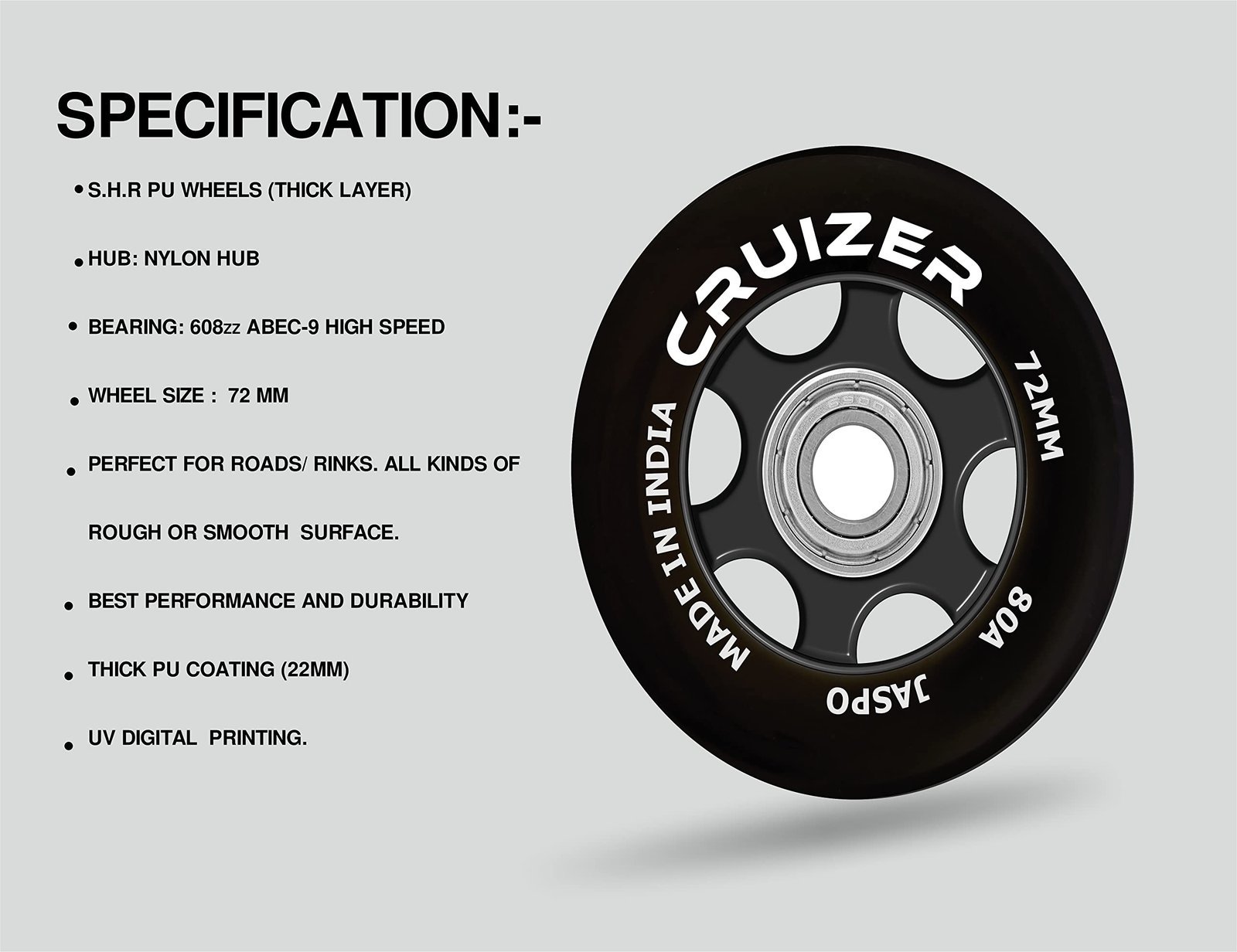 Inline PU Wheels 72mm/100mm Spare Roller Blade & Skate Replacement Wheel (CRUIZER 72 MM (PACK OF 2))